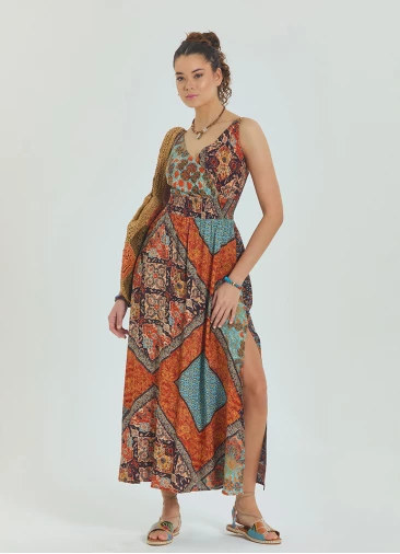 V Neck Robe Coffee Patterned Long Dress 4558